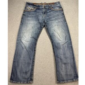 Rock Revival Jeans Men's 38 Blue Medium Wash Relaxed Fit Straight Leg Whiskered